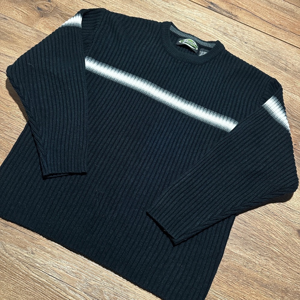 Vintage White Out Black Striped Ribbed Knit Sweater Mens XL Y2K Streetwear
